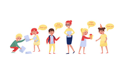 Polite children help each other. Vector illustration.