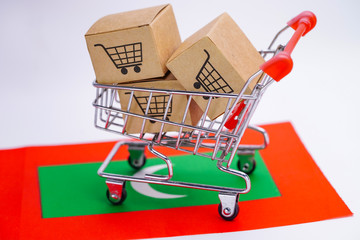 Box with shopping cart logo and Maldives flag : Import Export Shopping online or eCommerce finance...