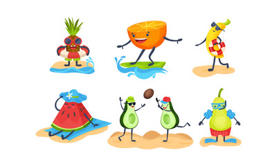 Humanized exotic fruits go in for sports. Vector illustration on a white background.
