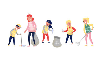 Obraz premium Children in vests collect garbage. Vector illustration.