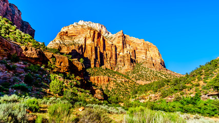 Sunset over the rugged sandstone mountains in Zion National Park in Utah, United States. Viewed...