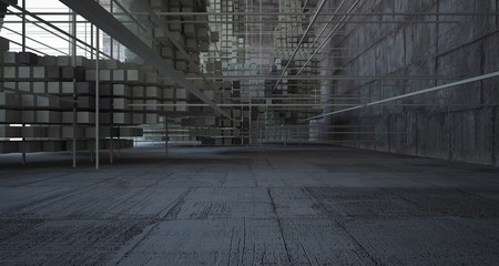 Abstract architectural concrete brown interior  from an array of beige cubes with large windows. 3D illustration and rendering.