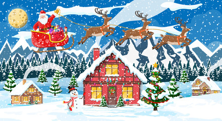 Suburban house covered snow. Building in holiday ornament. Christmas landscape tree, santa sleigh reindeers. New year decoration. Merry christmas holiday xmas celebration. Vector illustration