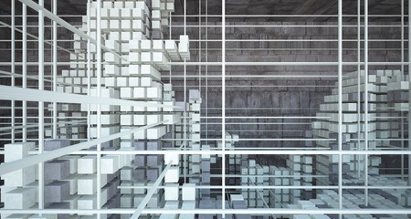Obraz premium Abstract architectural concrete brown interior from an array of beige cubes with large windows. 3D illustration and rendering.