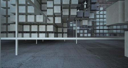 Abstract architectural concrete brown interior  from an array of beige cubes with large windows. 3D illustration and rendering.