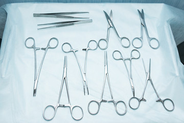 Stainless steel surgical scissors on the operating table. Medical instruments for surgery close-up.