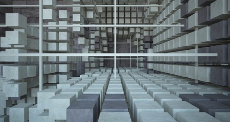 Fototapeta premium Abstract architectural concrete brown interior from an array of beige cubes with large windows. 3D illustration and rendering.