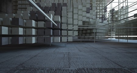 Abstract architectural concrete brown interior  from an array of beige cubes with large windows. 3D illustration and rendering.