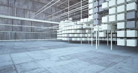 Abstract architectural concrete brown interior  from an array of beige cubes with large windows. 3D illustration and rendering.