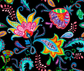 Obraz premium Paisley watercolor floral pattern tile: flowers, flores, tulips, leaves. Oriental indian traditional hand painted water color whimsical seamless print, ceramic design. Abstract india black background