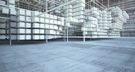 Abstract architectural concrete brown interior  from an array of beige cubes with large windows. 3D illustration and rendering.