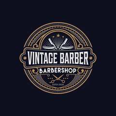 Barbershop logo with a complex design of elegant vintage details with professional scissors and razor elements, for your business and professional barbershop label with quality services.