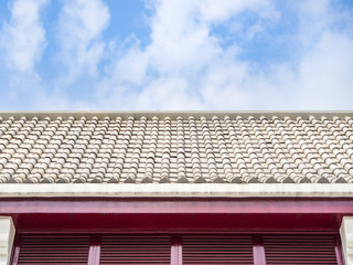 Tiles roof in Thai temple with blue sky