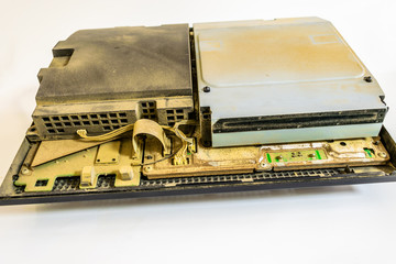 closeup of an old and dirty dusty game console with white background and lots of dust on it