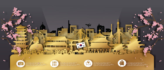 South Korea Seoul with Gold on map Travel postcard , poster, tour advertising of world famous landmarks in paper cut style.