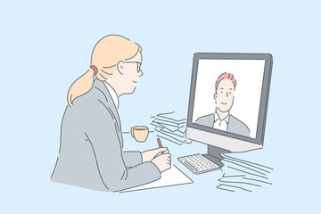 Fototapeta na wymiar Woman making video call concept. Office worker communicating with business partner online, using modern communication technologies at work, watching internet educational course. Simple flat vector