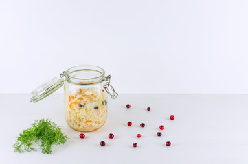 Obraz na płótnie Canvas Homemade sauerkraut with carrot . Fermented food. Natural probiotic. Copy space.
