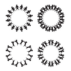 Set of circle frame of simple black silhouettes of rejoicing and dancing people. The object is separate from the background. Vector round template for infographics, cards, banners and your design.