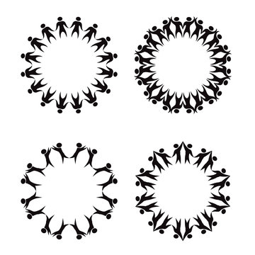 Set Of Circle Frame Of Simple Black Silhouettes Of Rejoicing And Dancing People. The Object Is Separate From The Background. Vector Round Template For Infographics, Cards, Banners And Your Design.