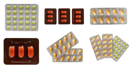 Medical pills in blister, medicament tablet, set and collection.