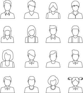 Avatars, users vector icons and profile pictures for website, application, ui, icon set in flat line style.People, linear design. Collection of different icons.