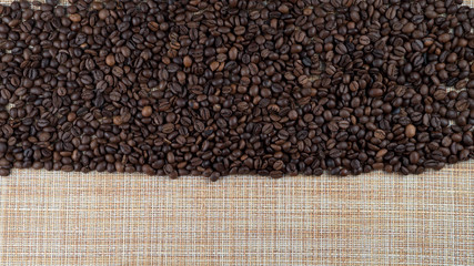 coffee beans on burlap background, place for your text flatlay