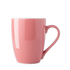 Empty pink coffee cup isolated on white background, front view with clipping path.