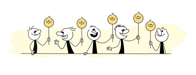 Doodle stick figure: Cartoon people holding smiley face symbol. Hand drawn vector illustration for business and school design.