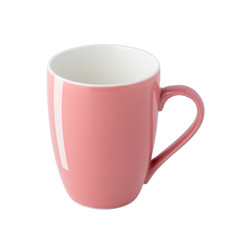 Empty pink coffee cup isolated on white background, front view with clipping path.