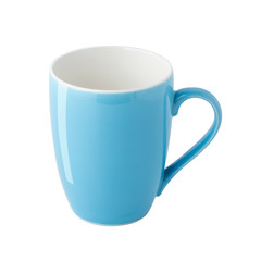 Empty blue coffee cup isolated on white background, front view with clipping path.