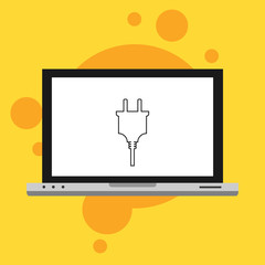 Vector laptop with electrical plug web flat icon. Vector illustration