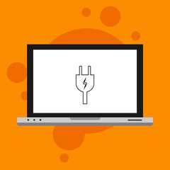 Vector laptop with electrical plug web flat icon. Vector illustration