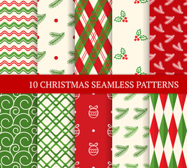 Ten Christmas different seamless patterns. Xmas endless texture for wallpaper, web page background, wrapping paper and etc. Retro style. Waves, argyles, holly berries, fir twigs and Christmas balls