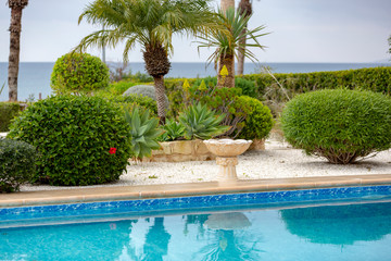 Part of italian-style pool with garden plants by the sea, Cyprus.