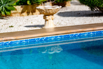 Part of italian-style pool with garden plants by the sea, Cyprus.
