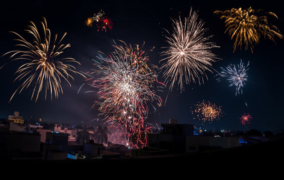 Fireworks in the Sky in Diwali Festival. Diwali is biggest festival of India. Diwali is Festival of lights and happiness. people enjoy fire crackers in Diwali.