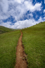 Path with clouds and meadows in Pyrenees mountains