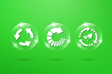 Recycle symbols in glossy rounded buttons on green background