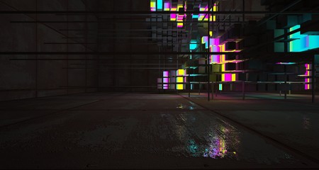 Abstract architectural rusted metal interior from an array of concrete cubes with color gradient neon lighting. 3D illustration and rendering.