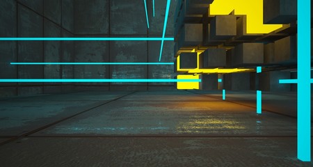 Abstract architectural rusted metal interior from an array of concrete cubes with color gradient neon lighting. 3D illustration and rendering.