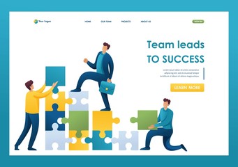 Team of Young entrepreneurs leads to success, helping to build a ladder up. Flat 2D character. Landing page concepts and web design