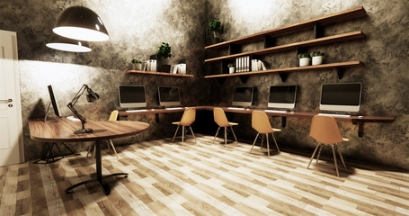 Office studio loft style interior design concrete wall gray glossy on wooden tiles.3D rendering