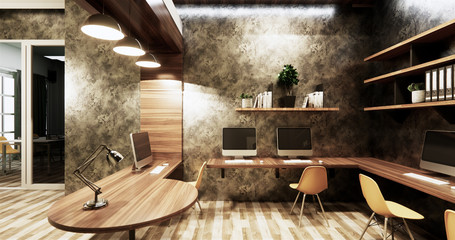 Office studio loft style interior design concrete wall gray glossy on wooden tiles.3D rendering
