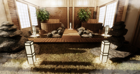 Onsen room interior with wooden bath and decoration wooden japanese style.3D rendering