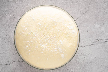 Fresh dough on the table. Copy space.