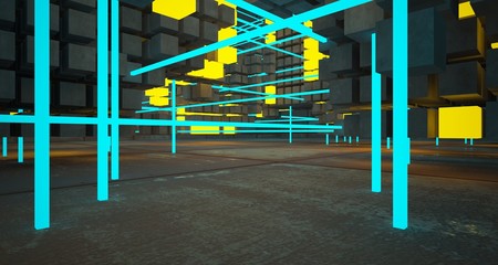 Abstract architectural rusted metal interior from an array of concrete cubes with color gradient neon lighting. 3D illustration and rendering.
