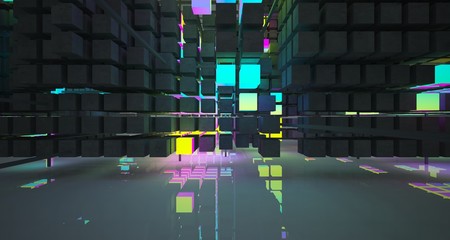 Abstract architectural white interior from an array of concrete cubes with color gradient neon lighting. 3D illustration and rendering.