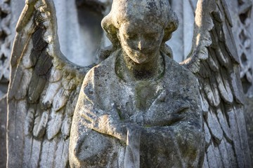 Angel Statue In Cemetery In Sun Rays Praying Hands 