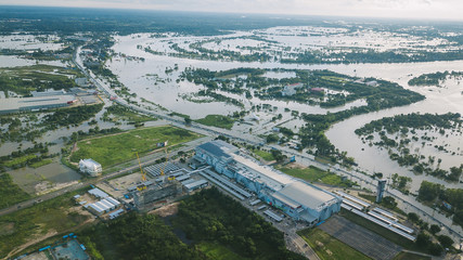 High-angle view of the Great Flood, Meng District, Ubon Ratchathani Province, Thailand, on September 10, 2019, is a photograph from real flooding. With a slight color adjustment