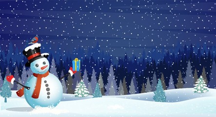 Vector illustration of a cute snowman. Christmas landscape at night. concept for greeting or postal card. New year and Christmas winter landscape background